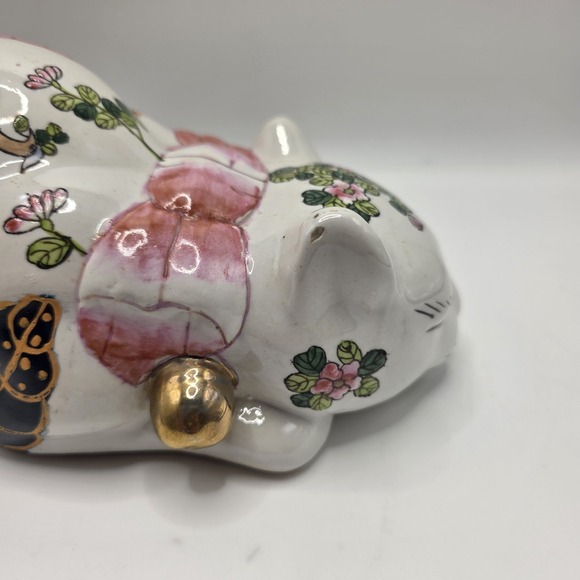 Vintage Hand Painted Sleeping Cat Figurine Floral Cottagecore Decor - Picture 7 of 9